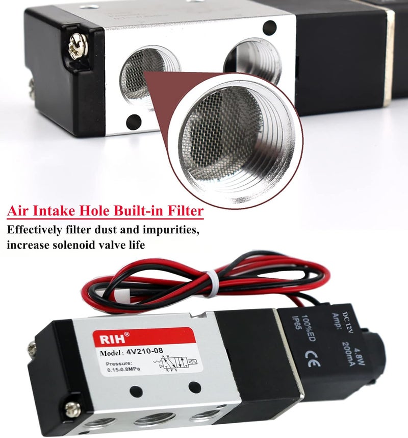 RH Pneumatics Solenoid Valve 4V210-08 12V/24V/110V Series Single Coil Pilot-Operated Electric 2 Position 5 Way Connection Type (DC12V/Out of line, 1/4"NPT) - Image 4